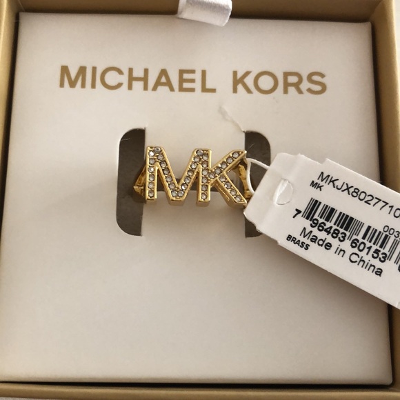 Michael Kors Gold Plated Brass Gold Tone MK Logo Ring Crystal Accents Size 8 NWT - Picture 2 of 13